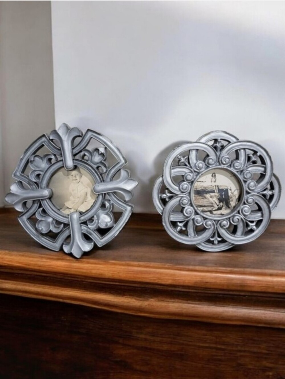 Circular Distressed Matte Silver Picture Frames. Fleur-de Lis. Antique